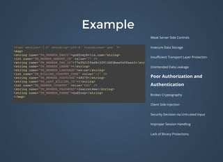 ExampleExample
Weak Server Side Controls
Insecure Data Storage
Insuﬃcient Transport Layer Protection
Unintended Data Leakage
Poor Authorization and
Authentication
Broken Cryptography
Client Side Injection
Security Decision via Untrusted Input
Improper Session Handling
Lack of Binary Protections
<?xml version='1.0' encoding='utf-8' standalone='yes' ?>
<map>
<string name="TM_MEMBER_EMAIL">godfrey@riis.com</string>
<int name="TM_MEMBER_MARKET_ID" value="7" />
<string name="TM_MEMBER_TAP_ID">77ef62159ad9c32913dfdbee0e58aea3</string>
<string name="TM_MEMBER_LNAME"></string>
<string name="TM_MEMBER_LANGUAGE">en-us</string>
<int name="TM_BILLING_COUNTRY_CODE" value="-1" />
<string name="TM_MEMBER_POSTCODE">48070</string>
<string name="TM_LAST_BILLING_ID"></string>
<int name="TM_MEMBER_COUNTRY" value="840" />
<string name="TM_MEMBER_PASSWORD">2secret4me</string>
<string name="TM_MEMBER_FNAME">Godfrey</string>
</map>
 