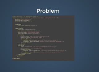 ProblemProblem
<?xml version="1.0" encoding="utf-8"?>
<manifest xmlns:android="http://schemas.android.com/apk/res/android"
package="com.riis.login"
android:versionCode="1"
android:versionName="1.0" >
<uses-sdk
android:minSdkVersion="8" />
<application
android:allowBackup="true"
android:icon="@drawable/ic_launcher"
android:label="@string/app_name"
android:theme="@style/AppTheme" >
<activity
android:name="com.riis.login.LoginActivity"
android:label="@string/app_name" >
<intent-filter>
<action android:name="android.intent.action.MAIN" />
<category android:name="android.intent.category.LAUNCHER" />
</intent-filter>
</activity>
<activity
android:name="com.riis.login.IntentReceiverActivity"
android:label="@string/app_name" >
<intent-filter>
<action android:name="com.riis.login.IntentReceiverActivity" />
<category android:name="android.intent.category.DEFAULT" />
</intent-filter>
</activity>
</application>
</manifest>
 
