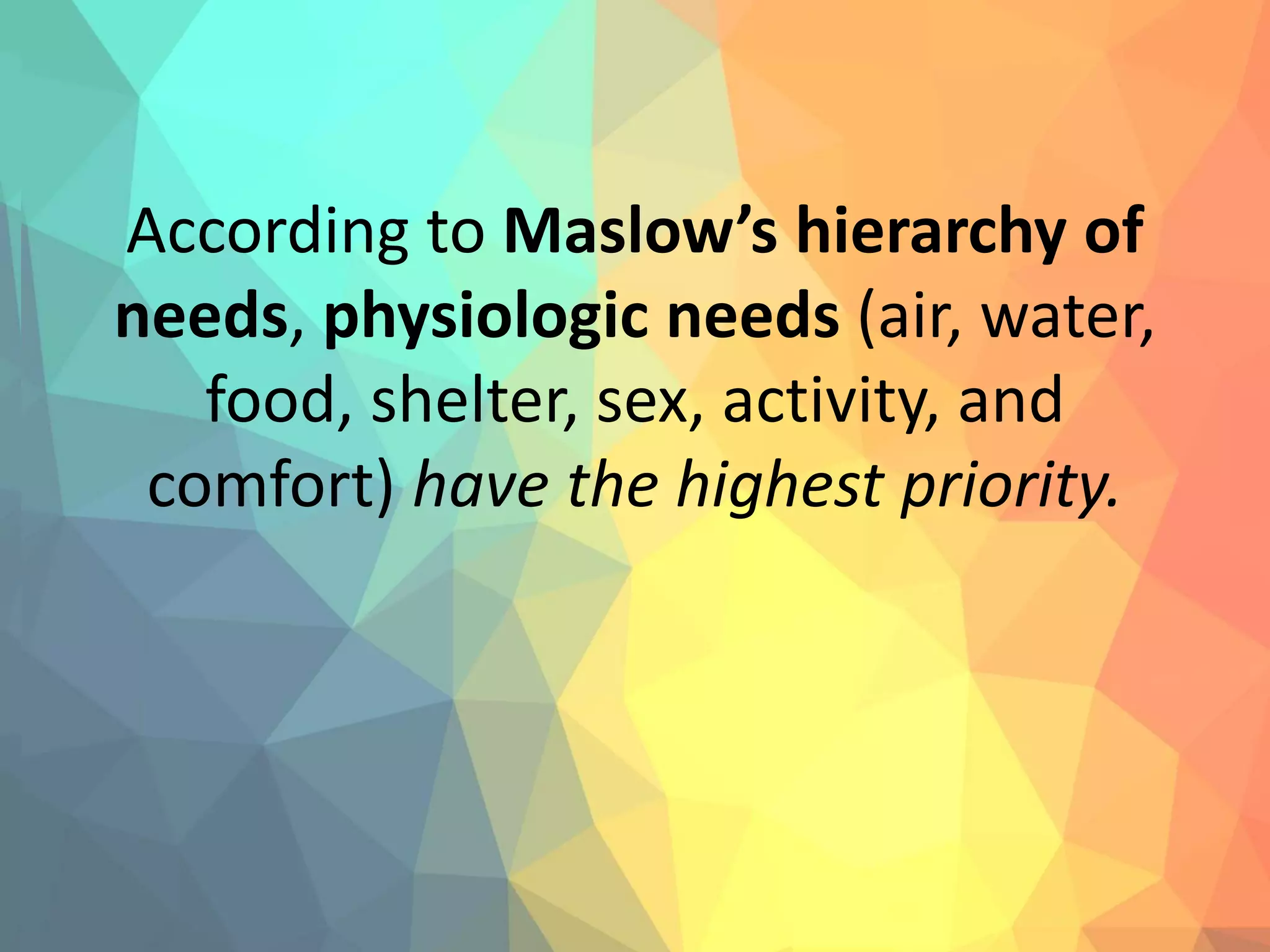 According to Maslow’s hierarchy of
needs, physiologic needs (air, water,
food, shelter, sex, activity, and
comfort) have the highest priority.
 