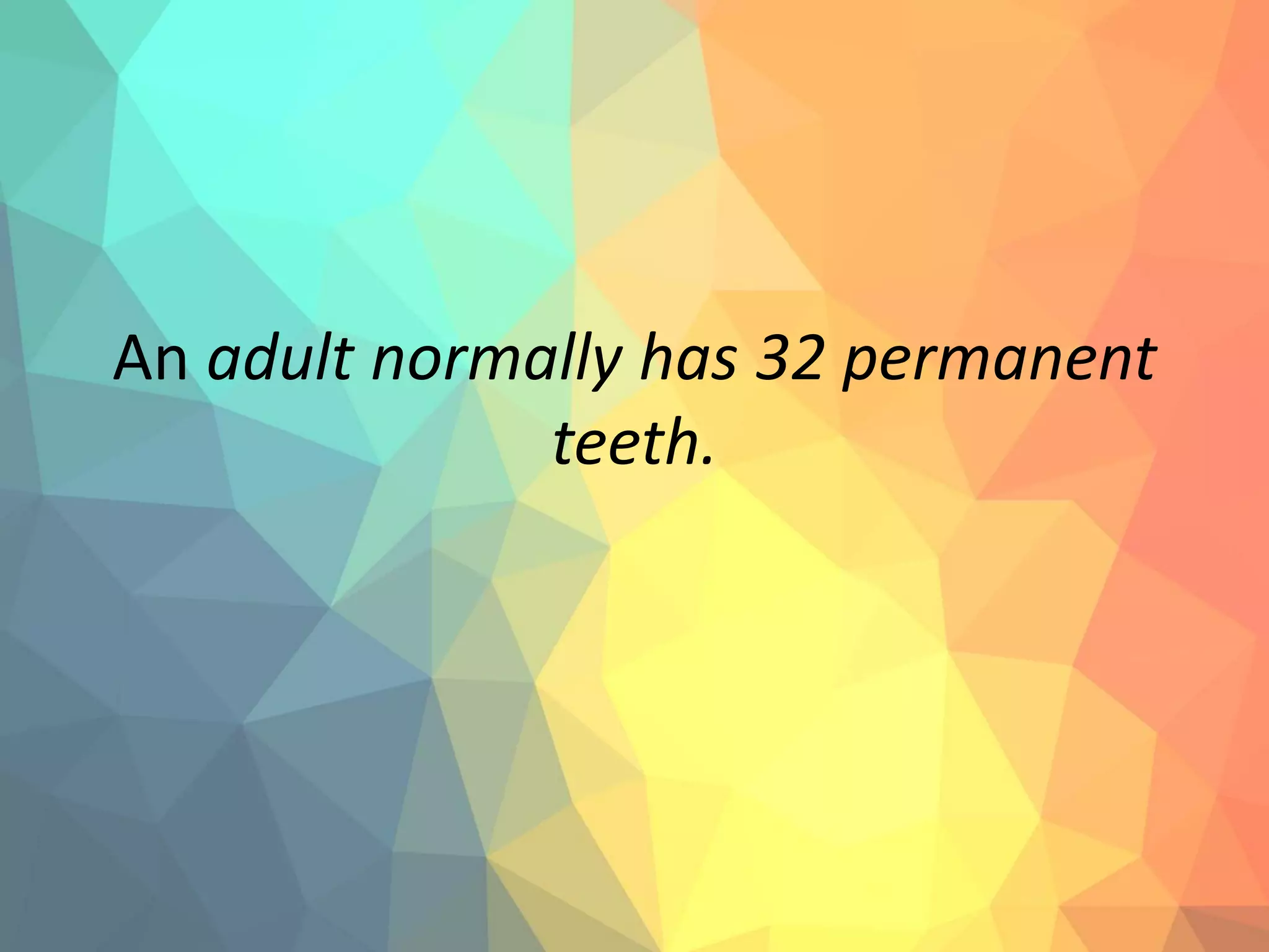 An adult normally has 32 permanent
teeth.
 