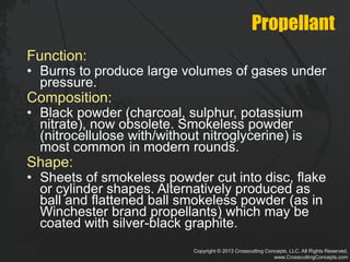 Copyright © 2013 Crosscutting Concepts, LLC. All Rights Reserved.
www.CrosscuttingConcepts.com
Propellant
Function:
• Burns to produce large volumes of gases under
pressure.
Composition:
• Black powder (charcoal, sulphur, potassium
nitrate), now obsolete. Smokeless powder
(nitrocellulose with/without nitroglycerine) is
most common in modern rounds.
Shape:
• Sheets of smokeless powder cut into disc, flake
or cylinder shapes. Alternatively produced as
ball and flattened ball smokeless powder (as in
Winchester brand propellants) which may be
coated with silver-black graphite.
 