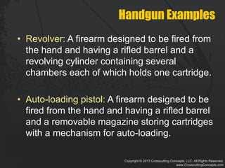 Copyright © 2013 Crosscutting Concepts, LLC. All Rights Reserved.
www.CrosscuttingConcepts.com
Handgun Examples
• Revolver: A firearm designed to be fired from
the hand and having a rifled barrel and a
revolving cylinder containing several
chambers each of which holds one cartridge.
• Auto-loading pistol: A firearm designed to be
fired from the hand and having a rifled barrel
and a removable magazine storing cartridges
with a mechanism for auto-loading.
 