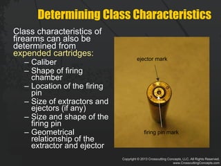 Copyright © 2013 Crosscutting Concepts, LLC. All Rights Reserved.
www.CrosscuttingConcepts.com
Determining Class Characteristics
Class characteristics of
firearms can also be
determined from
expended cartridges:
– Caliber
– Shape of firing
chamber
– Location of the firing
pin
– Size of extractors and
ejectors (if any)
– Size and shape of the
firing pin
– Geometrical
relationship of the
extractor and ejector
ejector mark
firing pin mark
 