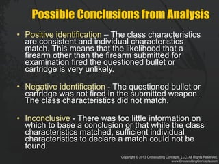 Copyright © 2013 Crosscutting Concepts, LLC. All Rights Reserved.
www.CrosscuttingConcepts.com
Possible Conclusions from Analysis
• Positive identification – The class characteristics
are consistent and individual characteristics
match. This means that the likelihood that a
firearm other than the firearm submitted for
examination fired the questioned bullet or
cartridge is very unlikely.
• Negative identification - The questioned bullet or
cartridge was not fired in the submitted weapon.
The class characteristics did not match.
• Inconclusive - There was too little information on
which to base a conclusion or that while the class
characteristics matched, sufficient individual
characteristics to declare a match could not be
found.
 