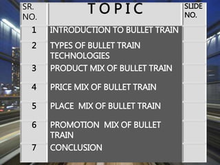 SR.
NO.
T O P I C SLIDE
NO.
1 INTRODUCTION TO BULLET TRAIN
2 TYPES OF BULLET TRAIN
TECHNOLOGIES
3 PRODUCT MIX OF BULLET TRAIN
4 PRICE MIX OF BULLET TRAIN
5 PLACE MIX OF BULLET TRAIN
6 PROMOTION MIX OF BULLET
TRAIN
7 CONCLUSION
 