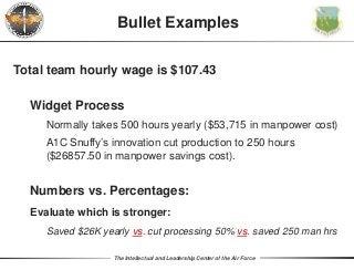 The Intellectual and Leadership Center of the Air Force
Total team hourly wage is $107.43
Widget Process
Normally takes 500 hours yearly ($53,715 in manpower cost)
A1C Snuffy’s innovation cut production to 250 hours
($26857.50 in manpower savings cost).
Numbers vs. Percentages:
Evaluate which is stronger:
Saved $26K yearly vs. cut processing 50% vs. saved 250 man hrs
Bullet Examples
 