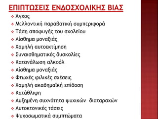  Άγχος
 Μελλοντική παραβατική συμπεριφορά
 Τάση αποφυγής του σχολείου
 Αίσθημα μοναξιάς
 Χαμηλή αυτοεκτίμηση
 Συναισθηματικές δυσκολίες
 Κατανάλωση αλκοόλ
 Αίσθημα μοναξιάς
 Φτωχές φιλικές σχέσεις
 Χαμηλή ακαδημαϊκή επίδοση
 Κατάθλιψη
 Αυξημένη συχνότητα ψυχικών διαταραχών
 Αυτοκτονικές τάσεις
 Ψυχοσωματικά συμπτώματα
 