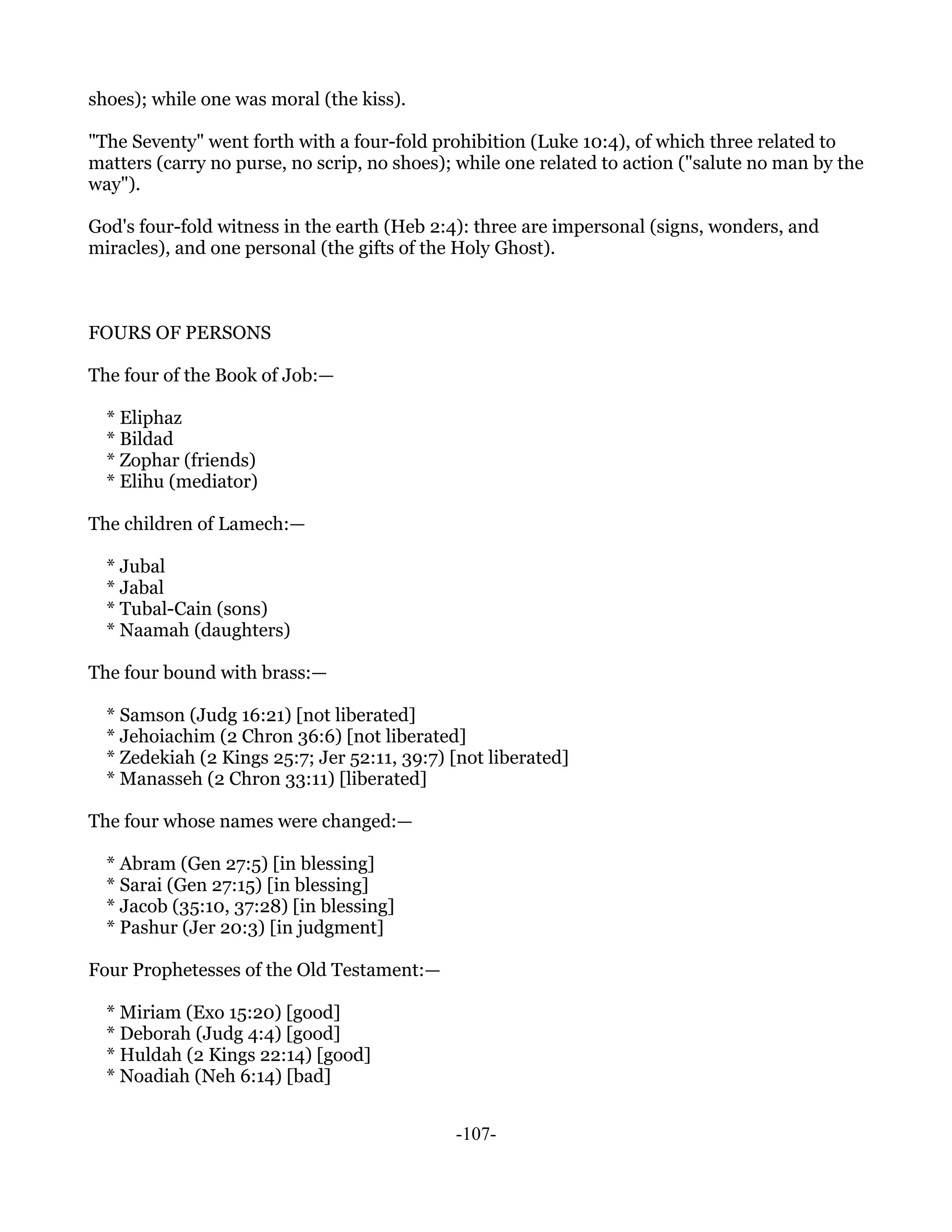 shoes); while one was moral (the kiss).

"The Seventy" went forth with a four-fold prohibition (Luke 10:4), of which three related to
matters (carry no purse, no scrip, no shoes); while one related to action ("salute no man by the
way").

God's four-fold witness in the earth (Heb 2:4): three are impersonal (signs, wonders, and
miracles), and one personal (the gifts of the Holy Ghost).



FOURS OF PERSONS

The four of the Book of Job:—

  * Eliphaz
  * Bildad
  * Zophar (friends)
  * Elihu (mediator)

The children of Lamech:—

  * Jubal
  * Jabal
  * Tubal-Cain (sons)
  * Naamah (daughters)

The four bound with brass:—

  * Samson (Judg 16:21) [not liberated]
  * Jehoiachim (2 Chron 36:6) [not liberated]
  * Zedekiah (2 Kings 25:7; Jer 52:11, 39:7) [not liberated]
  * Manasseh (2 Chron 33:11) [liberated]

The four whose names were changed:—

  * Abram (Gen 27:5) [in blessing]
  * Sarai (Gen 27:15) [in blessing]
  * Jacob (35:10, 37:28) [in blessing]
  * Pashur (Jer 20:3) [in judgment]

Four Prophetesses of the Old Testament:—

  * Miriam (Exo 15:20) [good]
  * Deborah (Judg 4:4) [good]
  * Huldah (2 Kings 22:14) [good]
  * Noadiah (Neh 6:14) [bad]


                                             -107-
 