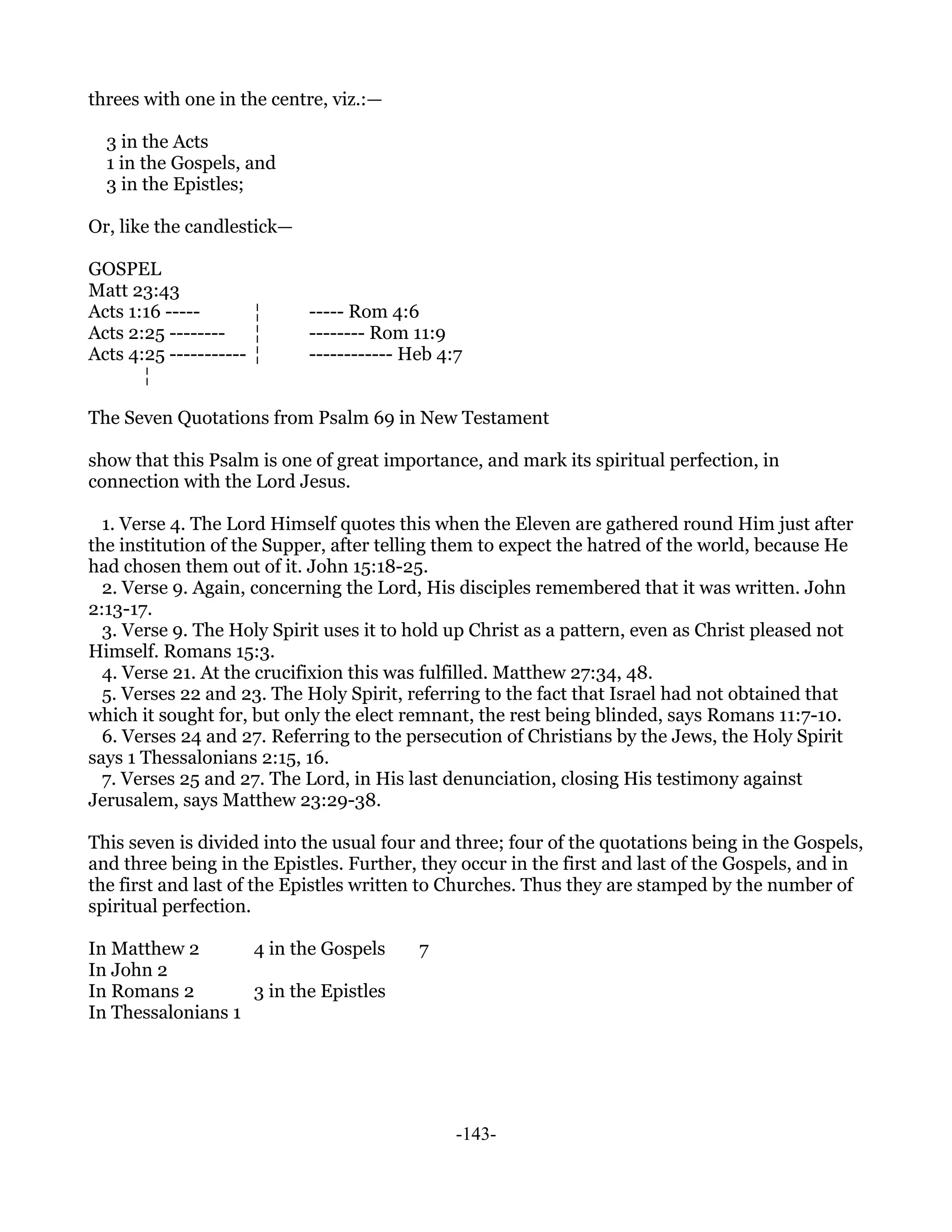 threes with one in the centre, viz.:—

  3 in the Acts
  1 in the Gospels, and
  3 in the Epistles;

Or, like the candlestick—

GOSPEL
Matt 23:43
Acts 1:16 -----       ¦     ----- Rom 4:6
Acts 2:25 --------    ¦     -------- Rom 11:9
Acts 4:25 ----------- ¦     ------------ Heb 4:7
       ¦

The Seven Quotations from Psalm 69 in New Testament

show that this Psalm is one of great importance, and mark its spiritual perfection, in
connection with the Lord Jesus.

  1. Verse 4. The Lord Himself quotes this when the Eleven are gathered round Him just after
the institution of the Supper, after telling them to expect the hatred of the world, because He
had chosen them out of it. John 15:18-25.
  2. Verse 9. Again, concerning the Lord, His disciples remembered that it was written. John
2:13-17.
  3. Verse 9. The Holy Spirit uses it to hold up Christ as a pattern, even as Christ pleased not
Himself. Romans 15:3.
  4. Verse 21. At the crucifixion this was fulfilled. Matthew 27:34, 48.
  5. Verses 22 and 23. The Holy Spirit, referring to the fact that Israel had not obtained that
which it sought for, but only the elect remnant, the rest being blinded, says Romans 11:7-10.
  6. Verses 24 and 27. Referring to the persecution of Christians by the Jews, the Holy Spirit
says 1 Thessalonians 2:15, 16.
  7. Verses 25 and 27. The Lord, in His last denunciation, closing His testimony against
Jerusalem, says Matthew 23:29-38.

This seven is divided into the usual four and three; four of the quotations being in the Gospels,
and three being in the Epistles. Further, they occur in the first and last of the Gospels, and in
the first and last of the Epistles written to Churches. Thus they are stamped by the number of
spiritual perfection.

In Matthew 2       4 in the Gospels       7
In John 2
In Romans 2        3 in the Epistles
In Thessalonians 1




                                               -143-
 