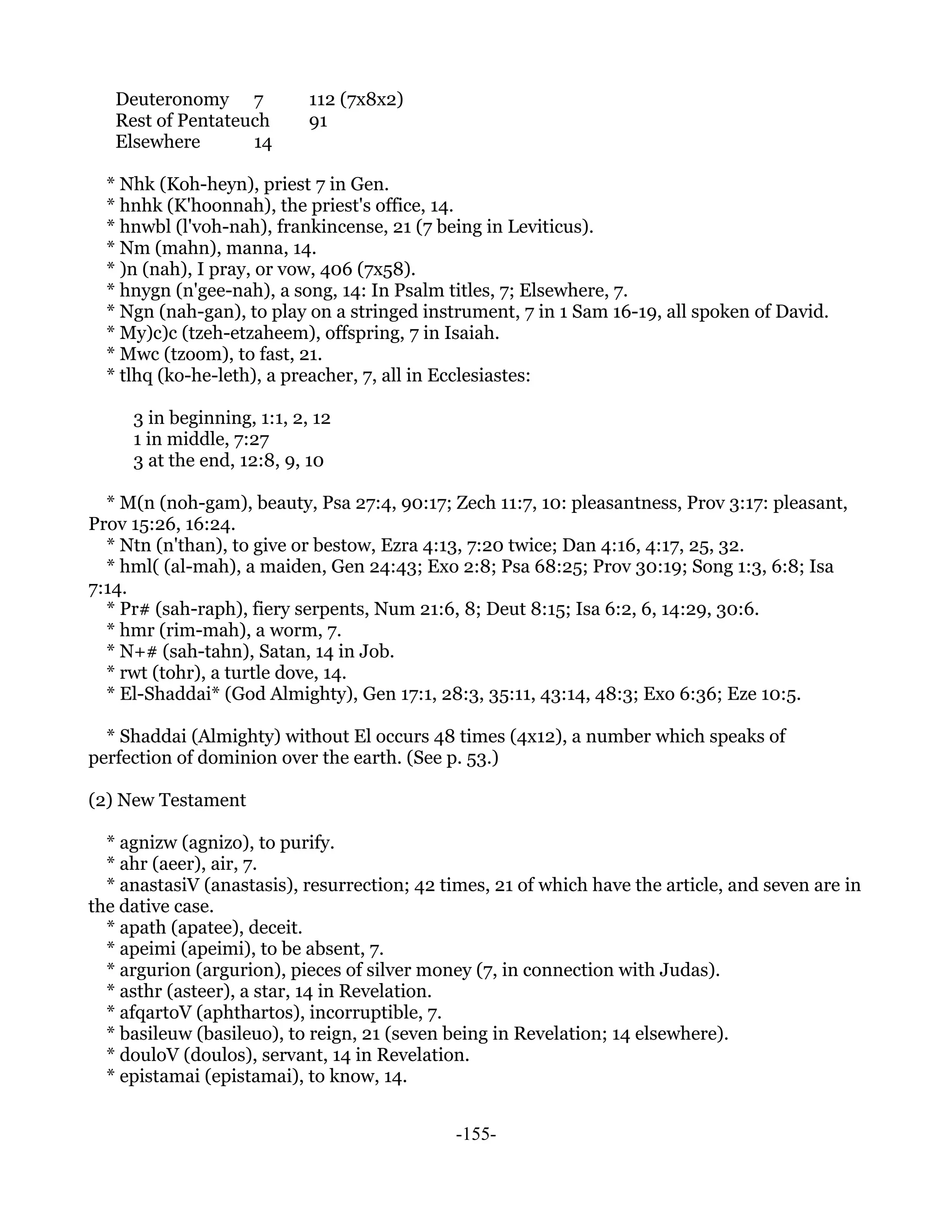 Deuteronomy 7            112 (7x8x2)
   Rest of Pentateuch       91
   Elsewhere       14

  * Nhk (Koh-heyn), priest 7 in Gen.
  * hnhk (K'hoonnah), the priest's office, 14.
  * hnwbl (l'voh-nah), frankincense, 21 (7 being in Leviticus).
  * Nm (mahn), manna, 14.
  * )n (nah), I pray, or vow, 406 (7x58).
  * hnygn (n'gee-nah), a song, 14: In Psalm titles, 7; Elsewhere, 7.
  * Ngn (nah-gan), to play on a stringed instrument, 7 in 1 Sam 16-19, all spoken of David.
  * My)c)c (tzeh-etzaheem), offspring, 7 in Isaiah.
  * Mwc (tzoom), to fast, 21.
  * tlhq (ko-he-leth), a preacher, 7, all in Ecclesiastes:

     3 in beginning, 1:1, 2, 12
     1 in middle, 7:27
     3 at the end, 12:8, 9, 10

  * M(n (noh-gam), beauty, Psa 27:4, 90:17; Zech 11:7, 10: pleasantness, Prov 3:17: pleasant,
Prov 15:26, 16:24.
  * Ntn (n'than), to give or bestow, Ezra 4:13, 7:20 twice; Dan 4:16, 4:17, 25, 32.
  * hml( (al-mah), a maiden, Gen 24:43; Exo 2:8; Psa 68:25; Prov 30:19; Song 1:3, 6:8; Isa
7:14.
  * Pr# (sah-raph), fiery serpents, Num 21:6, 8; Deut 8:15; Isa 6:2, 6, 14:29, 30:6.
  * hmr (rim-mah), a worm, 7.
  * N+# (sah-tahn), Satan, 14 in Job.
  * rwt (tohr), a turtle dove, 14.
  * El-Shaddai* (God Almighty), Gen 17:1, 28:3, 35:11, 43:14, 48:3; Exo 6:36; Eze 10:5.

  * Shaddai (Almighty) without El occurs 48 times (4x12), a number which speaks of
perfection of dominion over the earth. (See p. 53.)

(2) New Testament

  * agnizw (agnizo), to purify.
  * ahr (aeer), air, 7.
  * anastasiV (anastasis), resurrection; 42 times, 21 of which have the article, and seven are in
the dative case.
  * apath (apatee), deceit.
  * apeimi (apeimi), to be absent, 7.
  * argurion (argurion), pieces of silver money (7, in connection with Judas).
  * asthr (asteer), a star, 14 in Revelation.
  * afqartoV (aphthartos), incorruptible, 7.
  * basileuw (basileuo), to reign, 21 (seven being in Revelation; 14 elsewhere).
  * douloV (doulos), servant, 14 in Revelation.
  * epistamai (epistamai), to know, 14.


                                              -155-
 