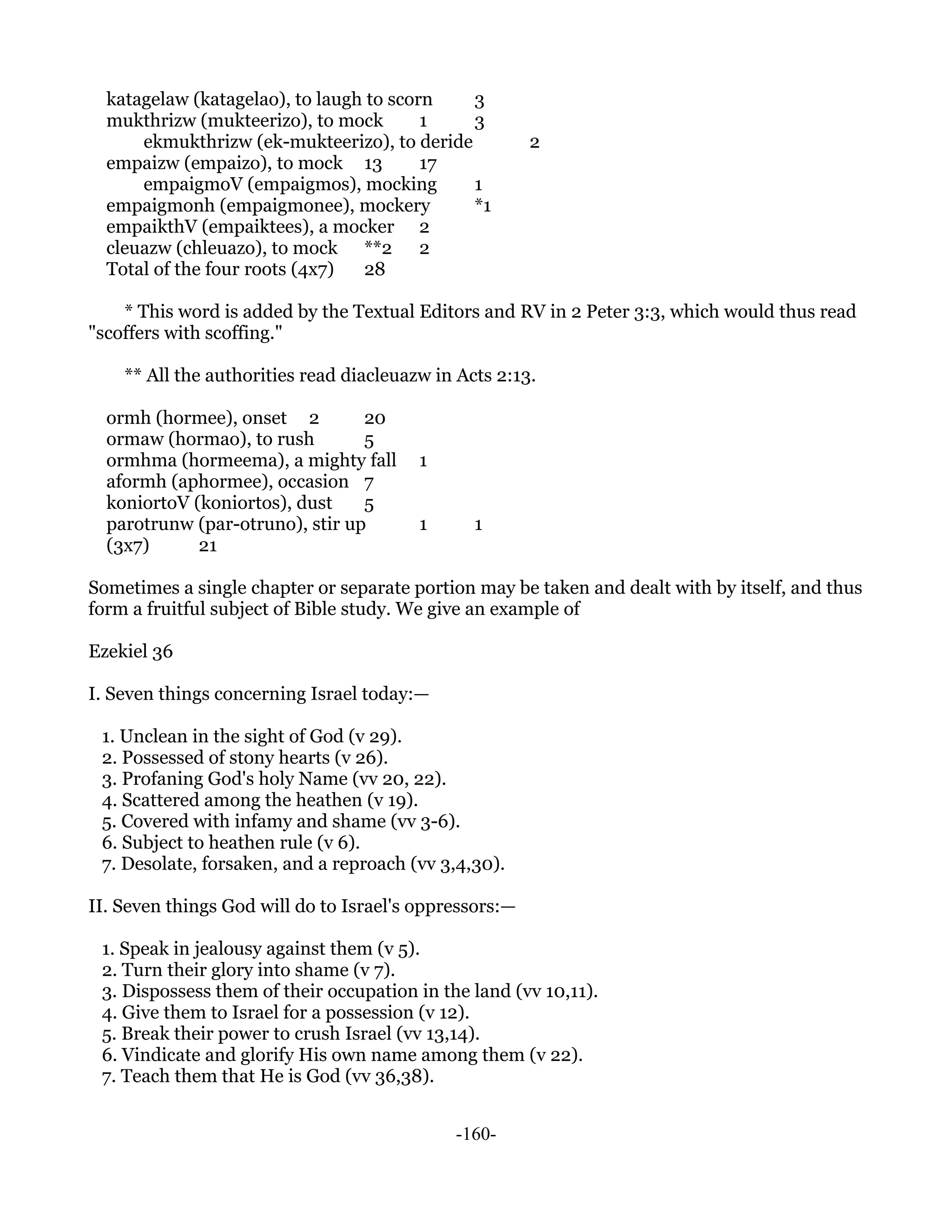 katagelaw (katagelao), to laugh to scorn   3
  mukthrizw (mukteerizo), to mock        1   3
      ekmukthrizw (ek-mukteerizo), to deride            2
  empaizw (empaizo), to mock 13          17
      empaigmoV (empaigmos), mocking         1
  empaigmonh (empaigmonee), mockery          *1
  empaikthV (empaiktees), a mocker 2
  cleuazw (chleuazo), to mock **2 2
  Total of the four roots (4x7)  28

    * This word is added by the Textual Editors and RV in 2 Peter 3:3, which would thus read
"scoffers with scoffing."

    ** All the authorities read diacleuazw in Acts 2:13.

  ormh (hormee), onset 2         20
  ormaw (hormao), to rush        5
  ormhma (hormeema), a mighty fall       1
  aformh (aphormee), occasion 7
  koniortoV (koniortos), dust    5
  parotrunw (par-otruno), stir up        1      1
  (3x7)      21

Sometimes a single chapter or separate portion may be taken and dealt with by itself, and thus
form a fruitful subject of Bible study. We give an example of

Ezekiel 36

I. Seven things concerning Israel today:—

 1. Unclean in the sight of God (v 29).
 2. Possessed of stony hearts (v 26).
 3. Profaning God's holy Name (vv 20, 22).
 4. Scattered among the heathen (v 19).
 5. Covered with infamy and shame (vv 3-6).
 6. Subject to heathen rule (v 6).
 7. Desolate, forsaken, and a reproach (vv 3,4,30).

II. Seven things God will do to Israel's oppressors:—

 1. Speak in jealousy against them (v 5).
 2. Turn their glory into shame (v 7).
 3. Dispossess them of their occupation in the land (vv 10,11).
 4. Give them to Israel for a possession (v 12).
 5. Break their power to crush Israel (vv 13,14).
 6. Vindicate and glorify His own name among them (v 22).
 7. Teach them that He is God (vv 36,38).


                                             -160-
 