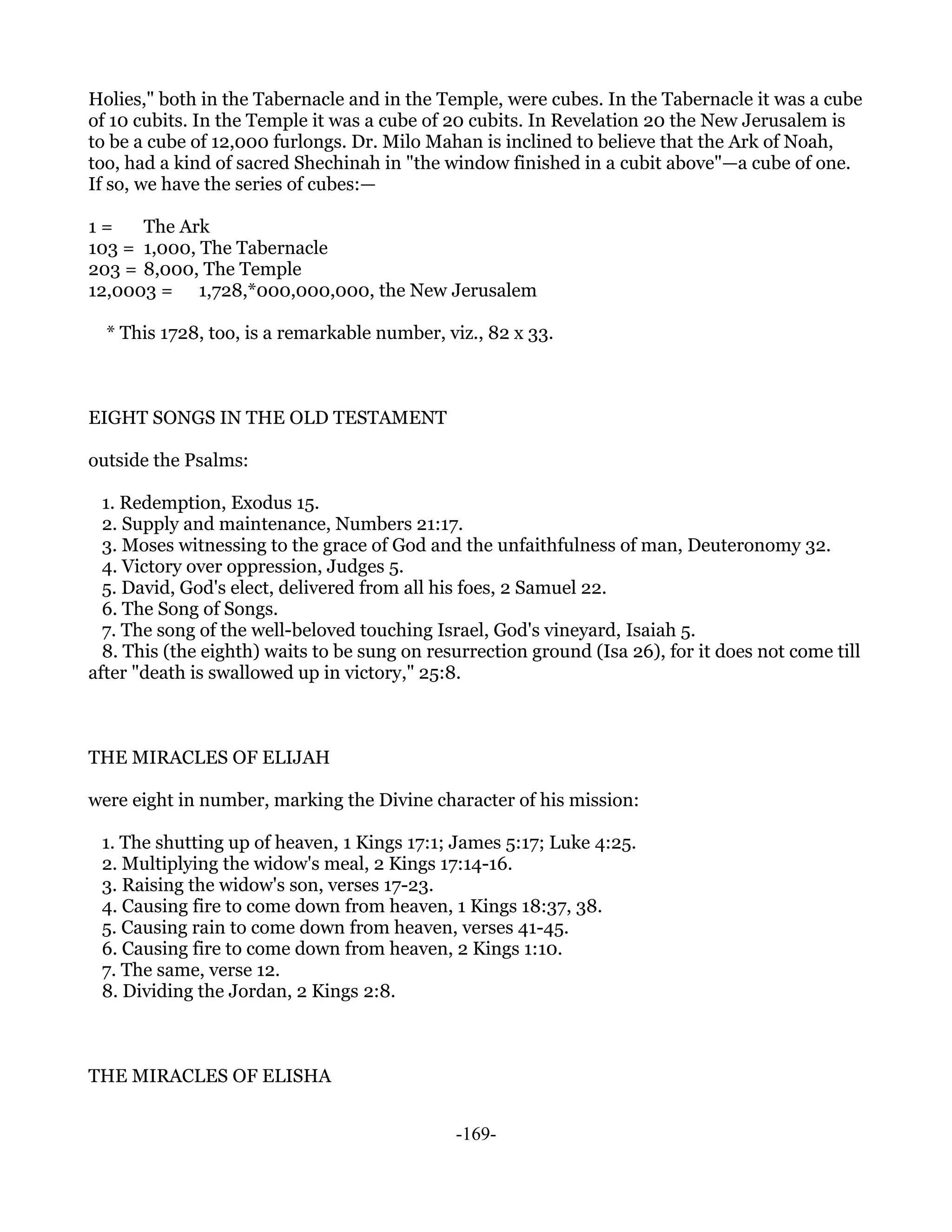 Holies," both in the Tabernacle and in the Temple, were cubes. In the Tabernacle it was a cube
of 10 cubits. In the Temple it was a cube of 20 cubits. In Revelation 20 the New Jerusalem is
to be a cube of 12,000 furlongs. Dr. Milo Mahan is inclined to believe that the Ark of Noah,
too, had a kind of sacred Shechinah in "the window finished in a cubit above"—a cube of one.
If so, we have the series of cubes:—

1=    The Ark
103 = 1,000, The Tabernacle
203 = 8,000, The Temple
12,0003 = 1,728,*000,000,000, the New Jerusalem

  * This 1728, too, is a remarkable number, viz., 82 x 33.



EIGHT SONGS IN THE OLD TESTAMENT

outside the Psalms:

  1. Redemption, Exodus 15.
  2. Supply and maintenance, Numbers 21:17.
  3. Moses witnessing to the grace of God and the unfaithfulness of man, Deuteronomy 32.
  4. Victory over oppression, Judges 5.
  5. David, God's elect, delivered from all his foes, 2 Samuel 22.
  6. The Song of Songs.
  7. The song of the well-beloved touching Israel, God's vineyard, Isaiah 5.
  8. This (the eighth) waits to be sung on resurrection ground (Isa 26), for it does not come till
after "death is swallowed up in victory," 25:8.



THE MIRACLES OF ELIJAH

were eight in number, marking the Divine character of his mission:

 1. The shutting up of heaven, 1 Kings 17:1; James 5:17; Luke 4:25.
 2. Multiplying the widow's meal, 2 Kings 17:14-16.
 3. Raising the widow's son, verses 17-23.
 4. Causing fire to come down from heaven, 1 Kings 18:37, 38.
 5. Causing rain to come down from heaven, verses 41-45.
 6. Causing fire to come down from heaven, 2 Kings 1:10.
 7. The same, verse 12.
 8. Dividing the Jordan, 2 Kings 2:8.



THE MIRACLES OF ELISHA


                                              -169-
 