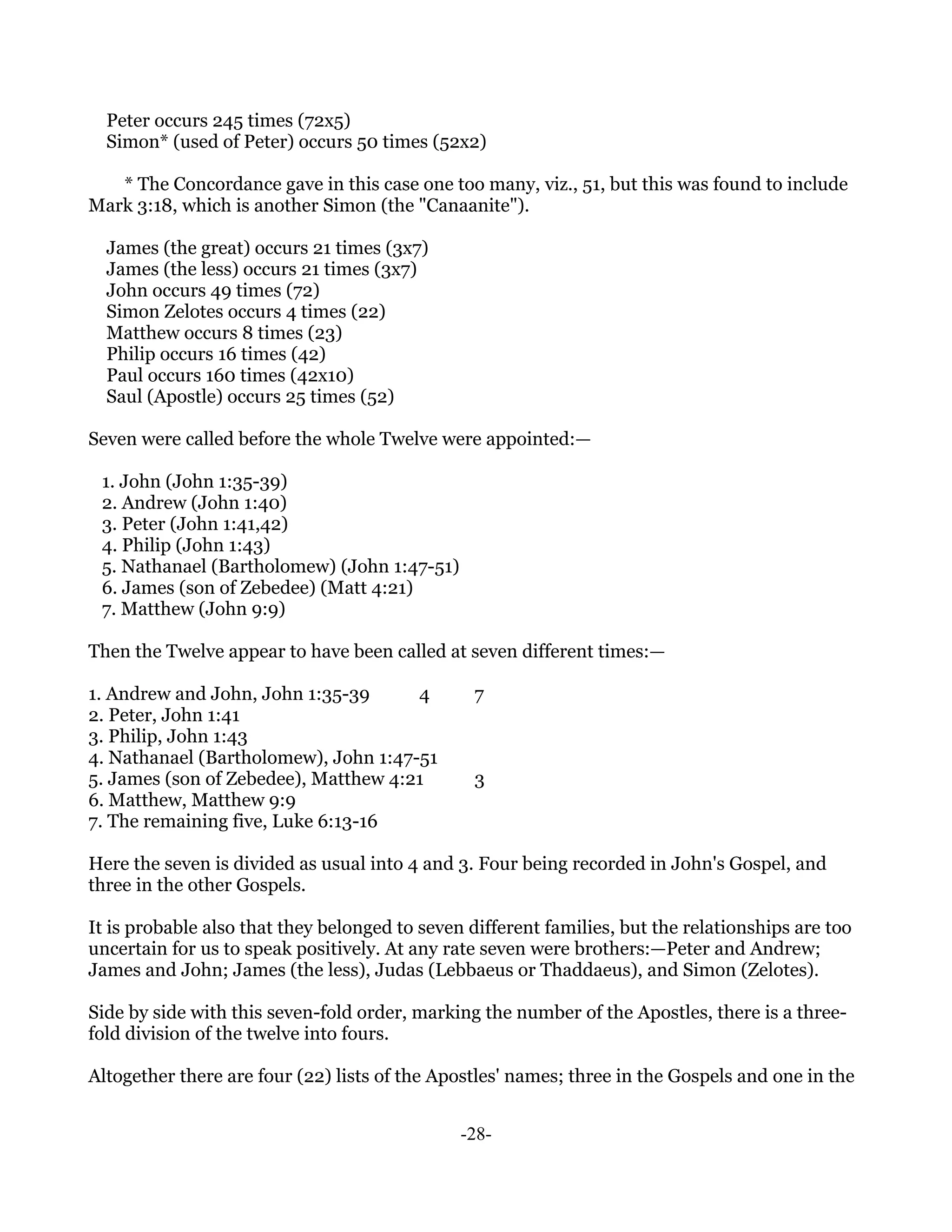 Peter occurs 245 times (72x5)
  Simon* (used of Peter) occurs 50 times (52x2)

   * The Concordance gave in this case one too many, viz., 51, but this was found to include
Mark 3:18, which is another Simon (the "Canaanite").

  James (the great) occurs 21 times (3x7)
  James (the less) occurs 21 times (3x7)
  John occurs 49 times (72)
  Simon Zelotes occurs 4 times (22)
  Matthew occurs 8 times (23)
  Philip occurs 16 times (42)
  Paul occurs 160 times (42x10)
  Saul (Apostle) occurs 25 times (52)

Seven were called before the whole Twelve were appointed:—

 1. John (John 1:35-39)
 2. Andrew (John 1:40)
 3. Peter (John 1:41,42)
 4. Philip (John 1:43)
 5. Nathanael (Bartholomew) (John 1:47-51)
 6. James (son of Zebedee) (Matt 4:21)
 7. Matthew (John 9:9)

Then the Twelve appear to have been called at seven different times:—

1. Andrew and John, John 1:35-39      4          7
2. Peter, John 1:41
3. Philip, John 1:43
4. Nathanael (Bartholomew), John 1:47-51
5. James (son of Zebedee), Matthew 4:21          3
6. Matthew, Matthew 9:9
7. The remaining five, Luke 6:13-16

Here the seven is divided as usual into 4 and 3. Four being recorded in John's Gospel, and
three in the other Gospels.

It is probable also that they belonged to seven different families, but the relationships are too
uncertain for us to speak positively. At any rate seven were brothers:—Peter and Andrew;
James and John; James (the less), Judas (Lebbaeus or Thaddaeus), and Simon (Zelotes).

Side by side with this seven-fold order, marking the number of the Apostles, there is a three-
fold division of the twelve into fours.

Altogether there are four (22) lists of the Apostles' names; three in the Gospels and one in the


                                               -28-
 