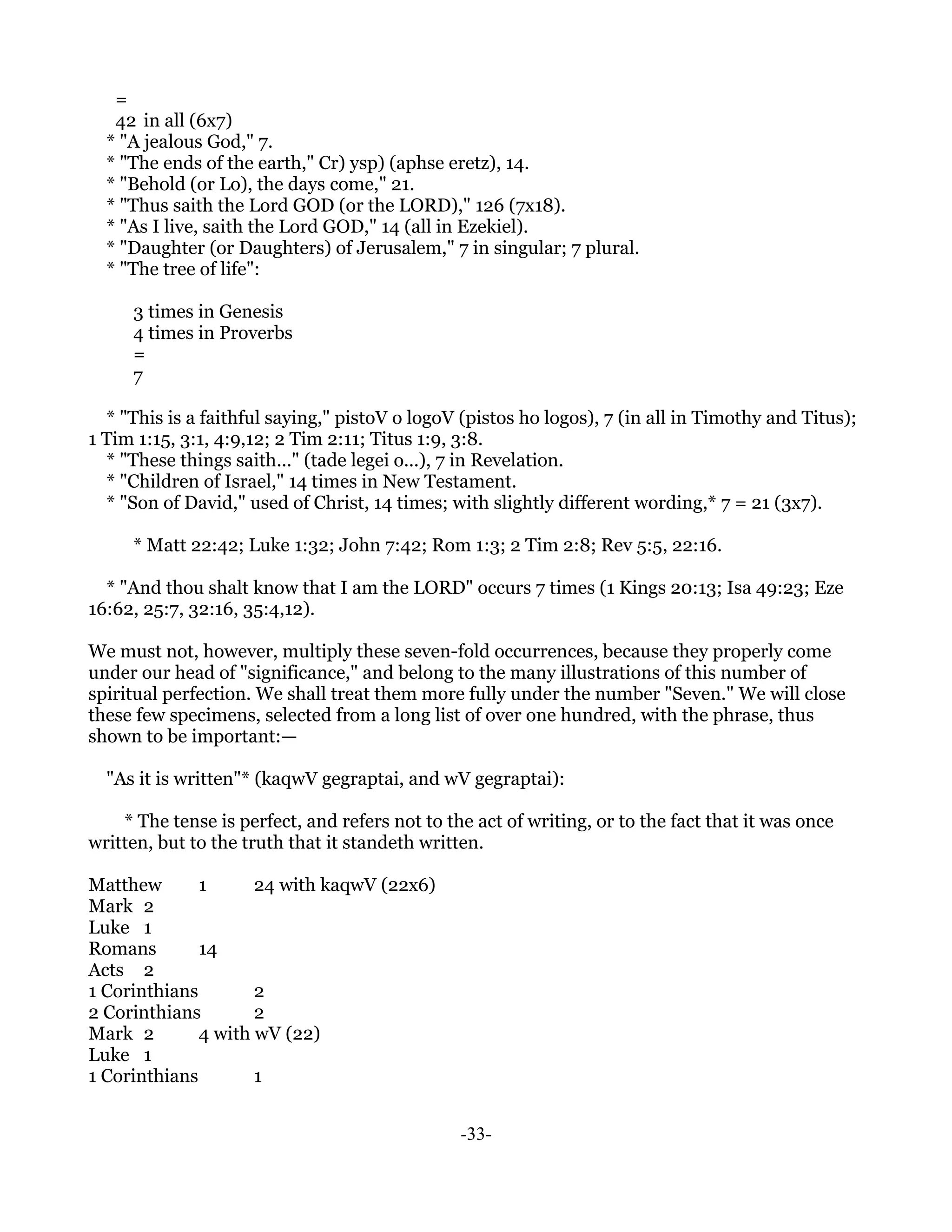 =
   42 in all (6x7)
  * "A jealous God," 7.
  * "The ends of the earth," Cr) ysp) (aphse eretz), 14.
  * "Behold (or Lo), the days come," 21.
  * "Thus saith the Lord GOD (or the LORD)," 126 (7x18).
  * "As I live, saith the Lord GOD," 14 (all in Ezekiel).
  * "Daughter (or Daughters) of Jerusalem," 7 in singular; 7 plural.
  * "The tree of life":

     3 times in Genesis
     4 times in Proverbs
     =
     7

  * "This is a faithful saying," pistoV o logoV (pistos ho logos), 7 (in all in Timothy and Titus);
1 Tim 1:15, 3:1, 4:9,12; 2 Tim 2:11; Titus 1:9, 3:8.
  * "These things saith..." (tade legei o...), 7 in Revelation.
  * "Children of Israel," 14 times in New Testament.
  * "Son of David," used of Christ, 14 times; with slightly different wording,* 7 = 21 (3x7).

     * Matt 22:42; Luke 1:32; John 7:42; Rom 1:3; 2 Tim 2:8; Rev 5:5, 22:16.

  * "And thou shalt know that I am the LORD" occurs 7 times (1 Kings 20:13; Isa 49:23; Eze
16:62, 25:7, 32:16, 35:4,12).

We must not, however, multiply these seven-fold occurrences, because they properly come
under our head of "significance," and belong to the many illustrations of this number of
spiritual perfection. We shall treat them more fully under the number "Seven." We will close
these few specimens, selected from a long list of over one hundred, with the phrase, thus
shown to be important:—

  "As it is written"* (kaqwV gegraptai, and wV gegraptai):

    * The tense is perfect, and refers not to the act of writing, or to the fact that it was once
written, but to the truth that it standeth written.

Matthew       1      24 with kaqwV (22x6)
Mark 2
Luke 1
Romans        14
Acts 2
1 Corinthians        2
2 Corinthians        2
Mark 2        4 with wV (22)
Luke 1
1 Corinthians        1


                                                -33-
 