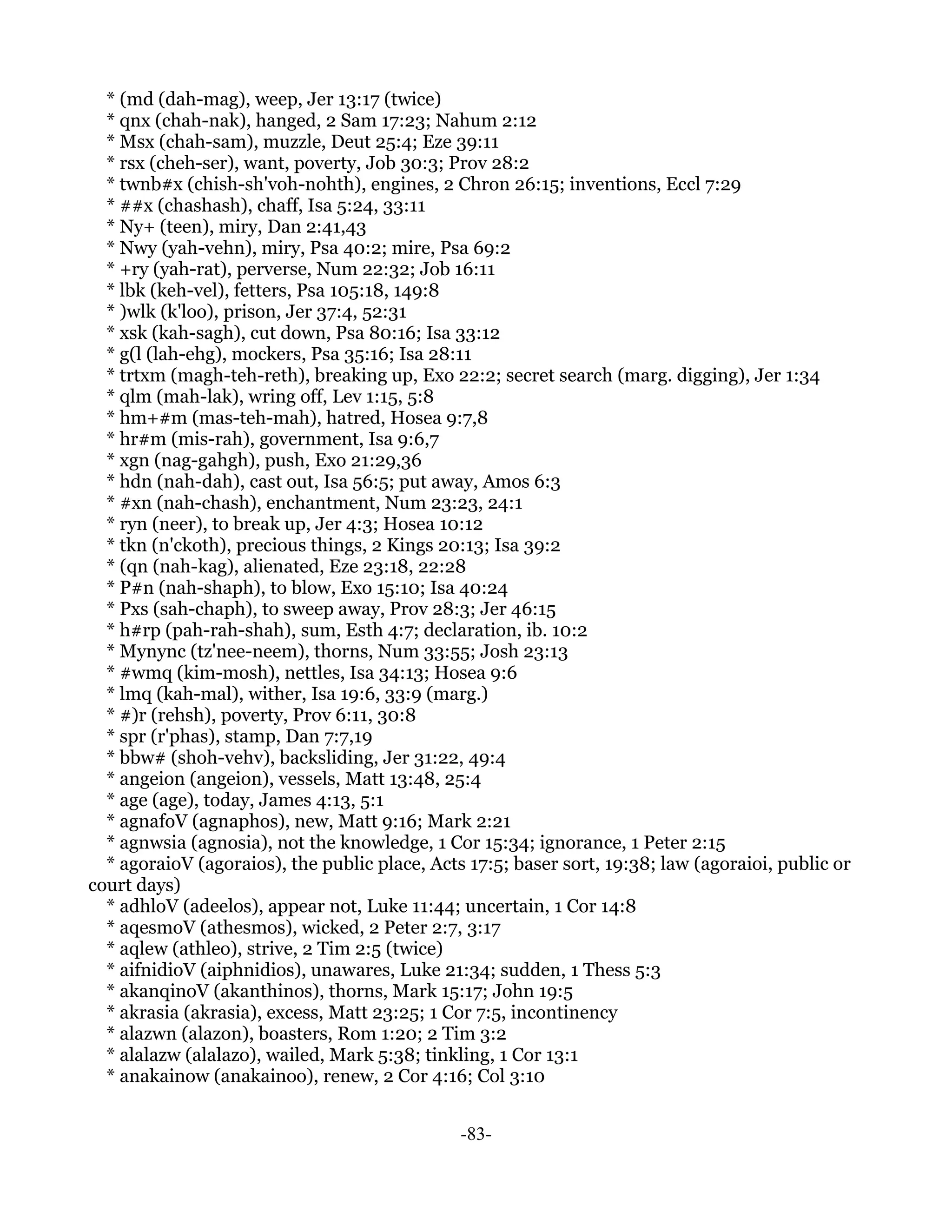 * (md (dah-mag), weep, Jer 13:17 (twice)
  * qnx (chah-nak), hanged, 2 Sam 17:23; Nahum 2:12
  * Msx (chah-sam), muzzle, Deut 25:4; Eze 39:11
  * rsx (cheh-ser), want, poverty, Job 30:3; Prov 28:2
  * twnb#x (chish-sh'voh-nohth), engines, 2 Chron 26:15; inventions, Eccl 7:29
  * ##x (chashash), chaff, Isa 5:24, 33:11
  * Ny+ (teen), miry, Dan 2:41,43
  * Nwy (yah-vehn), miry, Psa 40:2; mire, Psa 69:2
  * +ry (yah-rat), perverse, Num 22:32; Job 16:11
  * lbk (keh-vel), fetters, Psa 105:18, 149:8
  * )wlk (k'loo), prison, Jer 37:4, 52:31
  * xsk (kah-sagh), cut down, Psa 80:16; Isa 33:12
  * g(l (lah-ehg), mockers, Psa 35:16; Isa 28:11
  * trtxm (magh-teh-reth), breaking up, Exo 22:2; secret search (marg. digging), Jer 1:34
  * qlm (mah-lak), wring off, Lev 1:15, 5:8
  * hm+#m (mas-teh-mah), hatred, Hosea 9:7,8
  * hr#m (mis-rah), government, Isa 9:6,7
  * xgn (nag-gahgh), push, Exo 21:29,36
  * hdn (nah-dah), cast out, Isa 56:5; put away, Amos 6:3
  * #xn (nah-chash), enchantment, Num 23:23, 24:1
  * ryn (neer), to break up, Jer 4:3; Hosea 10:12
  * tkn (n'ckoth), precious things, 2 Kings 20:13; Isa 39:2
  * (qn (nah-kag), alienated, Eze 23:18, 22:28
  * P#n (nah-shaph), to blow, Exo 15:10; Isa 40:24
  * Pxs (sah-chaph), to sweep away, Prov 28:3; Jer 46:15
  * h#rp (pah-rah-shah), sum, Esth 4:7; declaration, ib. 10:2
  * Mynync (tz'nee-neem), thorns, Num 33:55; Josh 23:13
  * #wmq (kim-mosh), nettles, Isa 34:13; Hosea 9:6
  * lmq (kah-mal), wither, Isa 19:6, 33:9 (marg.)
  * #)r (rehsh), poverty, Prov 6:11, 30:8
  * spr (r'phas), stamp, Dan 7:7,19
  * bbw# (shoh-vehv), backsliding, Jer 31:22, 49:4
  * angeion (angeion), vessels, Matt 13:48, 25:4
  * age (age), today, James 4:13, 5:1
  * agnafoV (agnaphos), new, Matt 9:16; Mark 2:21
  * agnwsia (agnosia), not the knowledge, 1 Cor 15:34; ignorance, 1 Peter 2:15
  * agoraioV (agoraios), the public place, Acts 17:5; baser sort, 19:38; law (agoraioi, public or
court days)
  * adhloV (adeelos), appear not, Luke 11:44; uncertain, 1 Cor 14:8
  * aqesmoV (athesmos), wicked, 2 Peter 2:7, 3:17
  * aqlew (athleo), strive, 2 Tim 2:5 (twice)
  * aifnidioV (aiphnidios), unawares, Luke 21:34; sudden, 1 Thess 5:3
  * akanqinoV (akanthinos), thorns, Mark 15:17; John 19:5
  * akrasia (akrasia), excess, Matt 23:25; 1 Cor 7:5, incontinency
  * alazwn (alazon), boasters, Rom 1:20; 2 Tim 3:2
  * alalazw (alalazo), wailed, Mark 5:38; tinkling, 1 Cor 13:1
  * anakainow (anakainoo), renew, 2 Cor 4:16; Col 3:10


                                               -83-
 