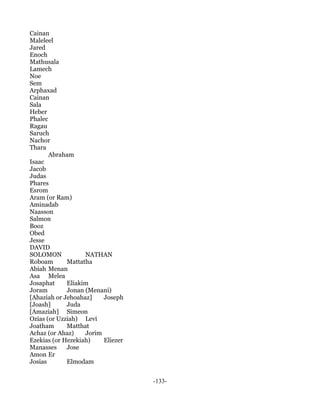 Cainan
Maleleel
Jared
Enoch
Mathusala
Lamech
Noe
Sem
Arphaxad
Cainan
Sala
Heber
Phalec
Ragau
Saruch
Nachor
Thara
       Abraham
Isaac
Jacob
Judas
Phares
Esrom
Aram (or Ram)
Aminadab
Naasson
Salmon
Booz
Obed
Jesse
DAVID
SOLOMON            NATHAN
Roboam       Mattatha
Abiah Menan
Asa Melea
Josaphat     Eliakim
Joram        Jonan (Menani)
[Ahaziah or Jehoahaz]    Joseph
[Joash]      Juda
[Amaziah] Simeon
Ozias (or Uzziah) Levi
Joatham      Matthat
Achaz (or Ahaz)    Jorim
Ezekias (or Hezekiah)    Eliezer
Manasses     Jose
Amon Er
Josias       Elmodam


                                   -133-
 