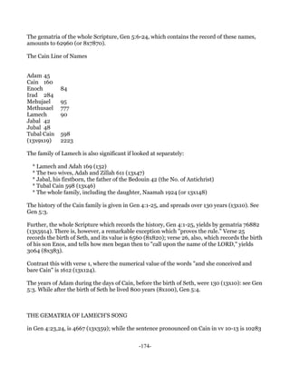 The gematria of the whole Scripture, Gen 5:6-24, which contains the record of these names,
amounts to 62960 (or 8x7870).

The Cain Line of Names


Adam 45
Cain 160
Enoch        84
Irad 284
Mehujael     95
Methusael    777
Lamech       90
Jabal 42
Jubal 48
Tubal Cain   598
(13x9x19)    2223

The family of Lamech is also significant if looked at separately:

  * Lamech and Adah 169 (132)
  * The two wives, Adah and Zillah 611 (13x47)
  * Jabal, his firstborn, the father of the Bedouin 42 (the No. of Antichrist)
  * Tubal Cain 598 (13x46)
  * The whole family, including the daughter, Naamah 1924 (or 13x148)

The history of the Cain family is given in Gen 4:1-25, and spreads over 130 years (13x10). See
Gen 5:3.

Further, the whole Scripture which records the history, Gen 4:1-25, yields by gematria 76882
(13x5914). There is, however, a remarkable exception which "proves the rule." Verse 25
records the birth of Seth, and its value is 6560 (8x820); verse 26, also, which records the birth
of his son Enos, and tells how men began then to "call upon the name of the LORD," yields
3064 (8x383).

Contrast this with verse 1, where the numerical value of the words "and she conceived and
bare Cain" is 1612 (13x124).

The years of Adam during the days of Cain, before the birth of Seth, were 130 (13x10): see Gen
5:3. While after the birth of Seth he lived 800 years (8x100), Gen 5:4.



THE GEMATRIA OF LAMECH'S SONG

in Gen 4:23,24, is 4667 (13x359); while the sentence pronounced on Cain in vv 10-13 is 10283


                                              -174-
 