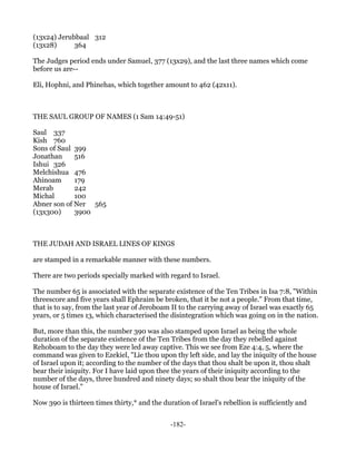 (13x24) Jerubbaal 312
(13x28)      364

The Judges period ends under Samuel, 377 (13x29), and the last three names which come
before us are--

Eli, Hophni, and Phinehas, which together amount to 462 (42x11).



THE SAUL GROUP OF NAMES (1 Sam 14:49-51)

Saul 337
Kish 760
Sons of Saul 399
Jonathan     516
Ishui 326
Melchishua 476
Ahinoam      179
Merab        242
Michal       100
Abner son of Ner 565
(13x300)     3900



THE JUDAH AND ISRAEL LINES OF KINGS

are stamped in a remarkable manner with these numbers.

There are two periods specially marked with regard to Israel.

The number 65 is associated with the separate existence of the Ten Tribes in Isa 7:8, "Within
threescore and five years shall Ephraim be broken, that it be not a people." From that time,
that is to say, from the last year of Jeroboam II to the carrying away of Israel was exactly 65
years, or 5 times 13, which characterised the disintegration which was going on in the nation.

But, more than this, the number 390 was also stamped upon Israel as being the whole
duration of the separate existence of the Ten Tribes from the day they rebelled against
Rehoboam to the day they were led away captive. This we see from Eze 4:4, 5, where the
command was given to Ezekiel, "Lie thou upon thy left side, and lay the iniquity of the house
of Israel upon it; according to the number of the days that thou shalt be upon it, thou shalt
bear their iniquity. For I have laid upon thee the years of their iniquity according to the
number of the days, three hundred and ninety days; so shalt thou bear the iniquity of the
house of Israel."

Now 390 is thirteen times thirty,* and the duration of Israel's rebellion is sufficiently and


                                              -182-
 