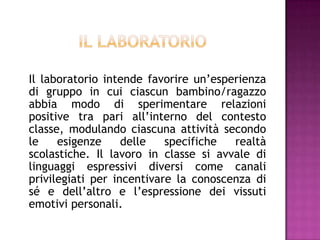 Il laboratorio intende favorire un’esperienza
di gruppo in cui ciascun bambino/ragazzo
abbia modo di sperimentare relazioni
positive tra pari all’interno del contesto
classe, modulando ciascuna attività secondo
le esigenze delle specifiche realtà
scolastiche. Il lavoro in classe si avvale di
linguaggi espressivi diversi come canali
privilegiati per incentivare la conoscenza di
sé e dell’altro e l’espressione dei vissuti
emotivi personali.
 