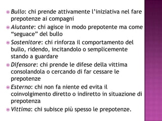  Bullo: chi prende attivamente l’iniziativa nel fare
prepotenze ai compagni
 Aiutante: chi agisce in modo prepotente ma come
“seguace” del bullo
 Sostenitore: chi rinforza il comportamento del
bullo, ridendo, incitandolo o semplicemente
stando a guardare
 Difensore: chi prende le difese della vittima
consolandola o cercando di far cessare le
prepotenze
 Esterno: chi non fa niente ed evita il
coinvolgimento diretto o indiretto in situazione di
prepotenza
 Vittima: chi subisce più spesso le prepotenze.
 