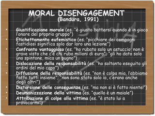 Giustificazione morale  (es. “è giusto battersi quando è in gioco l’onore del proprio gruppo”)‏ Etichettamento eufemistico  (es. “picchiare dei compagni fastidiosi significa solo dar loro una lezione”)‏ Confronto vantaggioso  (es. “ho rubato solo un astuccio, non è grave visto che c’è chi ruba milioni di euro”; “gli ho dato solo uno spintone, mica un pugno”)‏ Dislocazione della responsabilità  (es. “ho soltanto eseguito gli ordini del mio capo”)‏ Diffusione della responsabilità  (es. “non è colpa mia, l’abbiamo fatto tutti insieme”; “non sono stato solo io, c’erano anche degli altri”)‏ Distorsione delle conseguenze  (es. “ma non si è fatto niente!”)  Deumanizzazione della vittima  (es. “quello è un maiale”)‏ Attribuzione di colpe alla vittima  (es. “è stato lui a provocarmi”)‏ MORAL DISENGAGEMENT  (Bandura, 1991) ‏ 