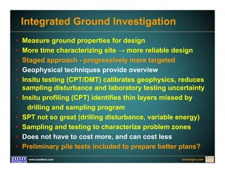 www.fugro.comwww.loadtest.com
Integrated Ground Investigation
• Measure ground properties for design
• More time characterizing site → more reliable design
• Staged approach - progressively more targeted
• Geophysical techniques provide overview
• Insitu testing (CPT/DMT) calibrates geophysics, reduces
sampling disturbance and laboratory testing uncertainty
• Insitu profiling (CPT) identifies thin layers missed by
drilling and sampling program
• SPT not so great (drilling disturbance, variable energy)
• Sampling and testing to characterize problem zones
• Does not have to cost more, and can cost less
• Preliminary pile tests included to prepare better plans?
 