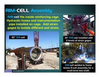 www.fugro.comwww.loadtest.com
RIM-CELL Assembly
RIM-cell fits inside reinforcing cage.
Hydraulic hoses and instrumentation
pipe installed on cage. Add strain
gages to isolate different soil strata.
RIM-cell welded to frame
below O-cell assembly for a
multi-level test shaft.
24” RIM-cell installed with
8 levels of strain gages
60” RIM-cell
 