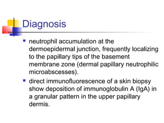 Diagnosis
 neutrophil accumulation at the
dermoepidermal junction, frequently localizing
to the papillary tips of the basement
membrane zone (dermal papillary neutrophilic
microabscesses).
 direct immunofluorescence of a skin biopsy
show deposition of immunoglobulin A (IgA) in
a granular pattern in the upper papillary
dermis.
 