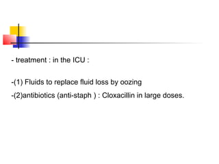 - treatment : in the ICU :
-(1) Fluids to replace fluid loss by oozing
-(2)antibiotics (anti-staph ) : Cloxacillin in large doses.
 