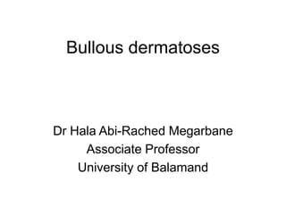 Bullous dermatoses
Dr Hala Abi-Rached Megarbane
Associate Professor
University of Balamand
 