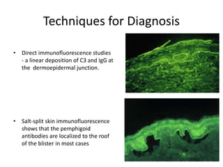 Techniques for Diagnosis
• Direct immunofluorescence studies
- a linear deposition of C3 and IgG at
the dermoepidermal junction.
• Salt-split skin immunofluorescence
shows that the pemphigoid
antibodies are localized to the roof
of the blister in most cases
 