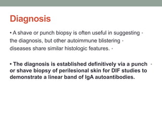 Diagnosis
•
• A shave or punch biopsy is often useful in suggesting
•
the diagnosis, but other autoimmune blistering
•
diseases share similar histologic features.
•
• The diagnosis is established definitively via a punch
or shave biopsy of perilesional skin for DIF studies to
demonstrate a linear band of IgA autoantibodies.
 