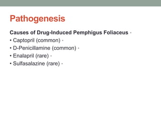 Pathogenesis
•
Causes of Drug-Induced Pemphigus Foliaceus
•
• Captopril (common)
•
• D-Penicillamine (common)
•
• Enalapril (rare)
•
• Sulfasalazine (rare)
 