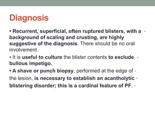 Diagnosis
•
• Recurrent, superficial, often ruptured blisters, with a
background of scaling and crusting, are highly
suggestive of the diagnosis. There should be no oral
involvement.
•
• It is useful to culture the blister contents to exclude
bullous impetigo.
•
• A shave or punch biopsy, performed at the edge of
•
the lesion, is necessary to establish an acantholytic
•
blistering disorder; this is a cardinal feature of PF.
 
