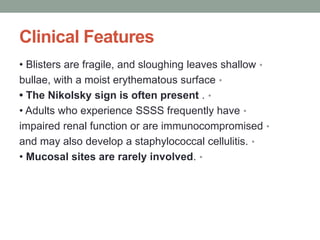Clinical Features
•
• Blisters are fragile, and sloughing leaves shallow
•
bullae, with a moist erythematous surface
•
• The Nikolsky sign is often present .
•
• Adults who experience SSSS frequently have
•
impaired renal function or are immunocompromised
•
and may also develop a staphylococcal cellulitis.
•
• Mucosal sites are rarely involved.
 