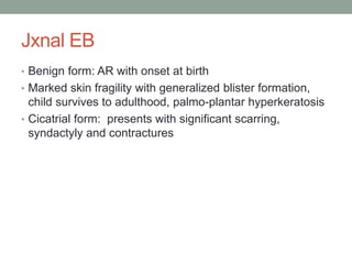 Jxnal EB
• Benign form: AR with onset at birth
• Marked skin fragility with generalized blister formation,
child survives to adulthood, palmo-plantar hyperkeratosis
• Cicatrial form: presents with significant scarring,
syndactyly and contractures
 
