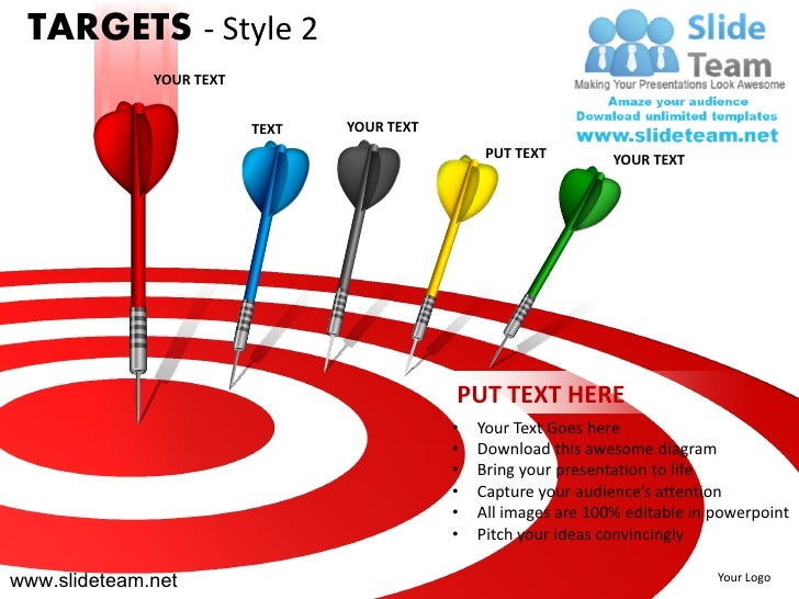 Bullseye darts targets style design 2 powerpoint ppt templates.