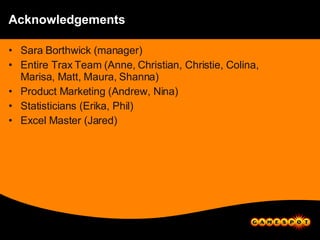 Acknowledgements Sara Borthwick (manager) Entire Trax Team (Anne, Christian, Christie, Colina, Marisa, Matt, Maura, Shanna) Product Marketing (Andrew, Nina) Statisticians (Erika, Phil) Excel Master (Jared) 