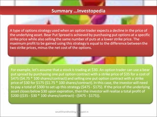 Summary …Investopedia


A type of options strategy used when an option trader expects a decline in the price of
the underlying asset. Bear Put Spread is achieved by purchasing put options at a specific
strike price while also selling the same number of puts at a lower strike price. The
maximum profit to be gained using this strategy is equal to the difference between the
two strike prices, minus the net cost of the options.




For example, let's assume that a stock is trading at $30. An option trader can use a bear
put spread by purchasing one put option contract with a strike price of $35 for a cost of
$475 ($4.75 * 100 shares/contract) and selling one put option contract with a strike
price of $30 for $175 ($1.75 * 100 shares/contract). In this case, the investor will need
to pay a total of $300 to set up this strategy ($475 - $175). If the price of the underlying
asset closes below $30 upon expiration, then the investor will realize a total profit of
$200 (($35 - $30 * 100 shares/contract) - ($475 - $175)).



                                 wealthhandholding.blogspot.in
 
