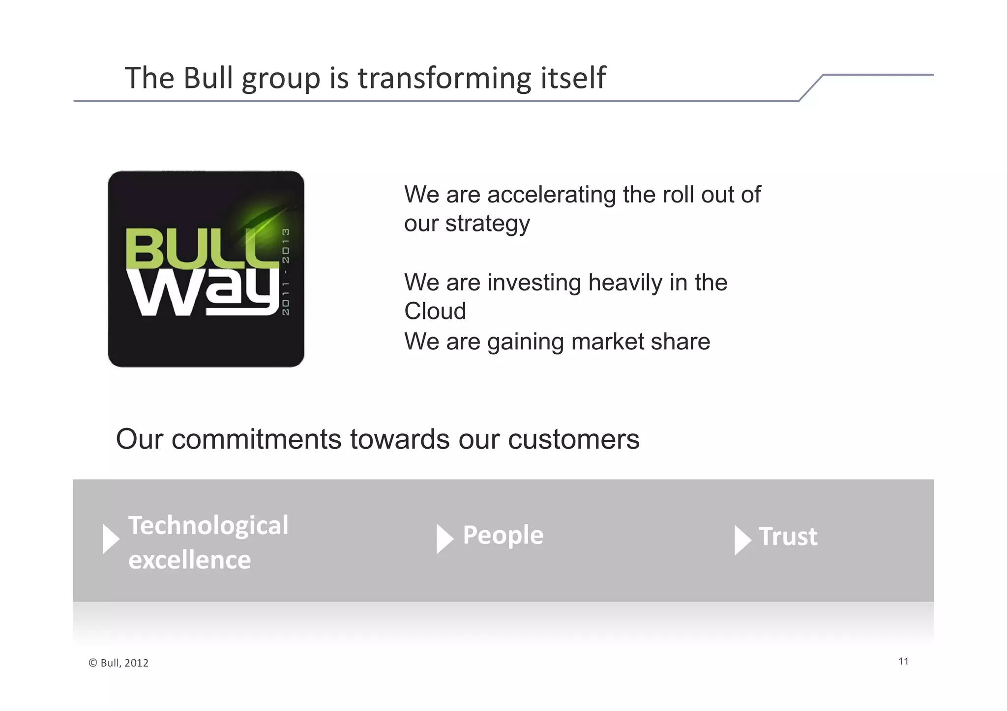 The Bull group is transforming itself


                            We are accelerating the roll out of
                            our strategy

                            We are investing heavily in the
                            Cloud
                            We are gaining market share



     Our commitments towards our customers

       Technological             People                       Trust
       excellence


© Bull, 2012                                                          11
 