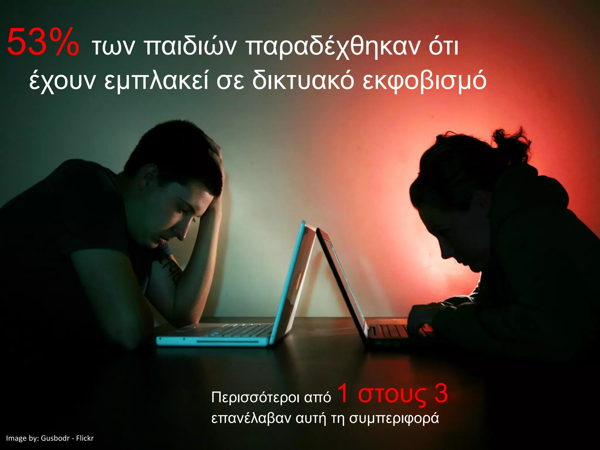 53% των παιδιών παραδέχθηκαν ότι
      έχουν εμπλακεί σε δικτυακό εκφοβισμό




                             Περισσότεροι από1 στους 3
                             επανέλαβαν αυτή τη συμπεριφορά
Image by: Gusbodr - Flickr
 