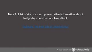 For a full list of statistics and preventative information about
bullycide, download our free eBook.
“Bullycide: The Dark Side of Cyberbullying”

 