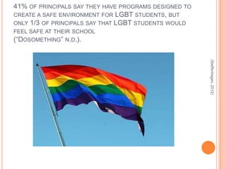 41% OF PRINCIPALS SAY THEY HAVE PROGRAMS DESIGNED TO
CREATE A SAFE ENVIRONMENT FOR LGBT STUDENTS, BUT
ONLY 1/3 OF PRINCIPALS SAY THAT LGBT STUDENTS WOULD
FEEL SAFE AT THEIR SCHOOL
(“DOSOMETHING” N.D.).




                                                       (Steffenhagen, 2012)
 