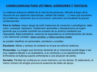 CONSECUENCIAS PARA VÍCTIMAS, AGRESORES Y TESTIGOS   La violencia reduce la calidad de la vida de las personas, dificulta el logro de la mayoría de sus objetivos (aprendizaje, calidad del trabajo…) y hace que aumenten los problemas y tensiones que la provocaron, activando una escalada de graves consecuencias.  Para la víctima : mayor riesgo de sufrir trastornos de conducta o psicológicos, tales como: ansiedad, depresión, Indefensión aprendida o desesperanza (el sujeto aprende que no puede controlar los sucesos de su entorno mediante sus respuestas. Baja autoestima, carencia de seguridad en el enfrentamiento del stress y las relaciones sociales.  ideas suicidas, y hasta suicidios reales .  se pueden clasificar en personales, escolares y sociales:  Escolares : Miedo y rechazo al contexto en el que se sufre la violencia.  Personales : La imagen que terminan teniendo de sí mismos/as puede llegar a ser muy negativa afectar a su autoestima, a su conducta y a su apariencia física. Enfrentarse al bullying supone enfrentarse a una situación de estrés.  Sociales : Pérdida de confianza en uno/a mismo/a y en los demás. El aislamiento, el menor número de amigos provoca la ausencia de redes de apoyo.  