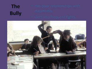 The Bully Has poor relationships with classmates. Gets into frequent fights. 