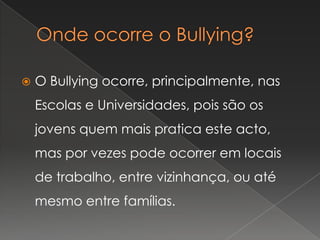 Bullying IndirectoÉ a forma de Bullying mais utilizada no meio feminino ou entre crianças, consistindo em espalhar comentários, recusar em socializar com a vítima, intimidar que desejar socializar com a vítima ou criticar a vítima (vestimenta, etnia, religião, incapacidades, etc.), a fim de forçar a vítima ao isolamento social.