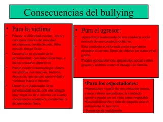 Consecuencias del bullying <ul><li>Para la victima: </li></ul><ul><li>Fracaso o dificultad escolar,  altos y continuos niv...