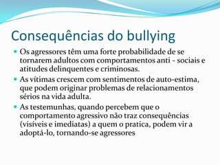Consequências do bullyingOs agressores têm uma forte probabilidade de se tornarem adultos com comportamentos anti - sociais e atitudes delinquentes e criminosas. As vítimas crescem com sentimentos de auto-estima, que podem originar problemas de relacionamentos sérios na vida adulta.As testemunhas, quando percebem que o comportamento agressivo não traz consequências (visíveis e imediatas) a quem o pratica, podem vir a adoptá-lo, tornando-se agressores