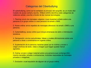 El cyberbullying, como se ha señalado al principio del epígrafe, es un modo disi-
mulado de acoso verbal y escrito. Willard (2004) identifica siete categorías de
violencia verbal y escrita a través de las nuevas tecnologías:
1. Flaming: envío de mensajes vulgares o que muestran enfado sobre una
persona a un grupo online o a esa persona vía email o SMS.
2. Acoso online: envío repetido de mensajes ofensivos vía email o SMS a una
persona.
3. Cyberstalking: acoso online que incluye amenazas de daño o intimidación
excesiva.
4. Denigración: envíos perjudiciales, falsas y crueles afirmaciones sobre una
persona a otras o comentarios en lugares online.
5. Suplantación de la persona: hacerse pasar por la víctima y enviar o
colgar archivos de texto, video o imagen que hagan quedar mal al
agredido.
6. Outing: enviar o colgar material sobre una persona que contenga infor-
mación sensible, privada o embarazosa, incluidas respuestas de mensajes
privados o imágenes.
7. Exclusión: cruel expulsión de alguien de un grupo online.
Categorias del Ciberbullying
 