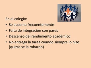 En el colegio:Se ausenta frecuentementeFalta de integración con paresDescenso del rendimiento académicoNo entrega la tarea cuando siempre lo hizo (quizás se la robaron)